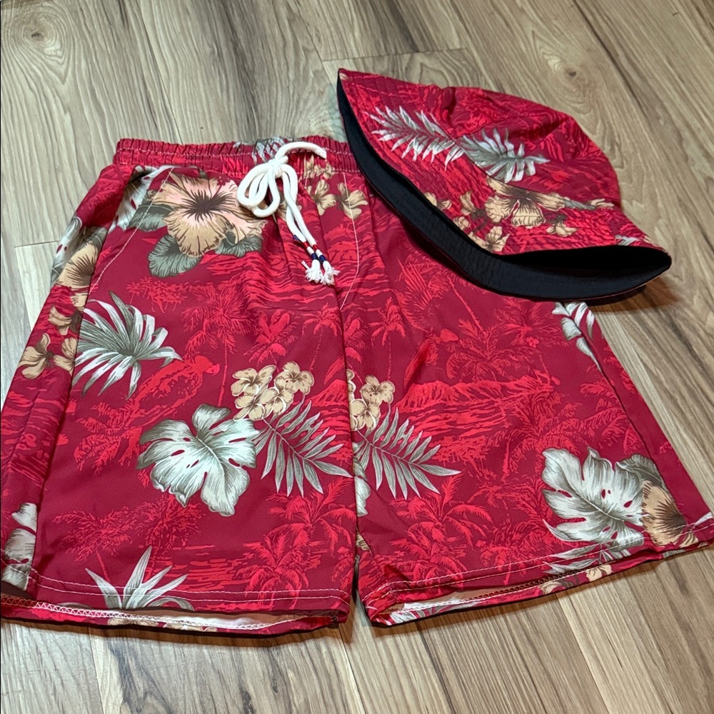 Boy’s Red Hawaiian Floral Beach Set 13/14